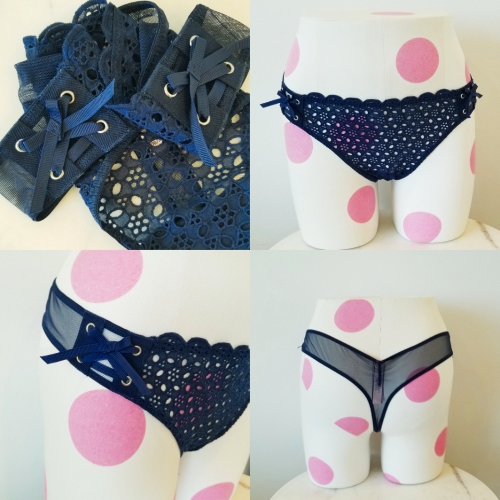 Victoria's Secret Dream Angels Eyelet Lace-Up Thong Panty Navy Blue NWT